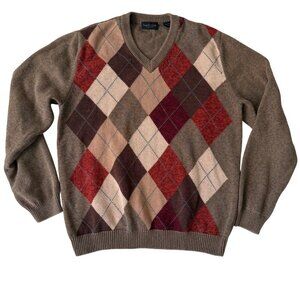 Van Heusen Mens V-Neck Argyle Sweater Brown/Red M 100% Cotton